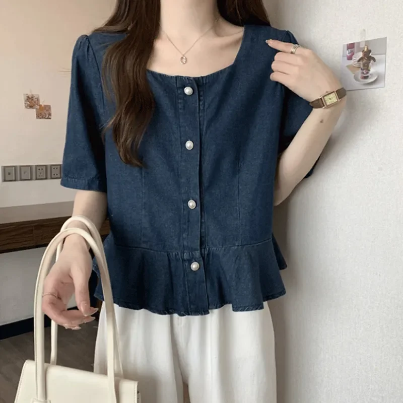 

Designed Short-sleeved Denim Shirt for Women Summer Korean Style New Retro Square Collar All-match Top