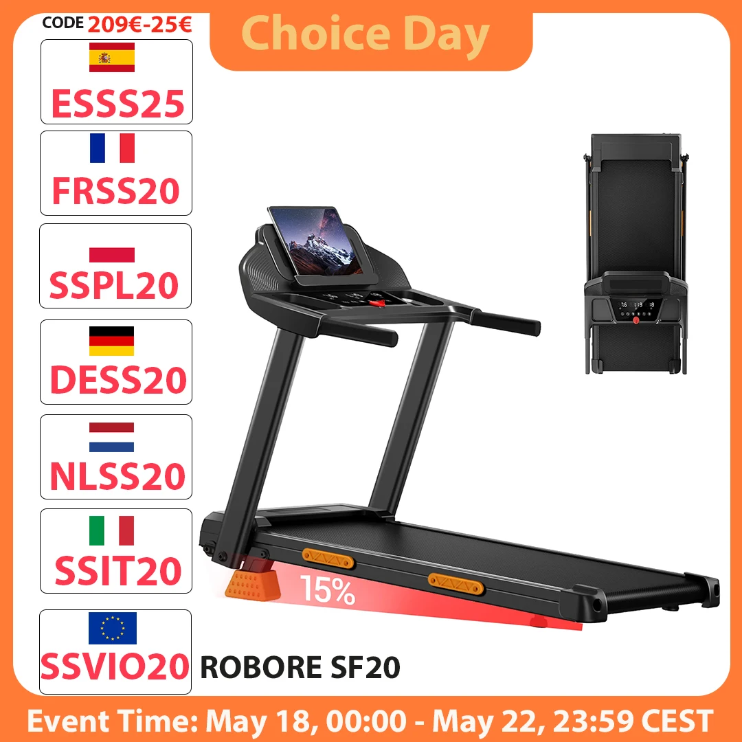 Tapis roulant pliable ROBORE SF20 avec inclinaison de 15 %, 12 km/h, avec accoudoirs, charge maximale 136 kg pour la maison et le bureau