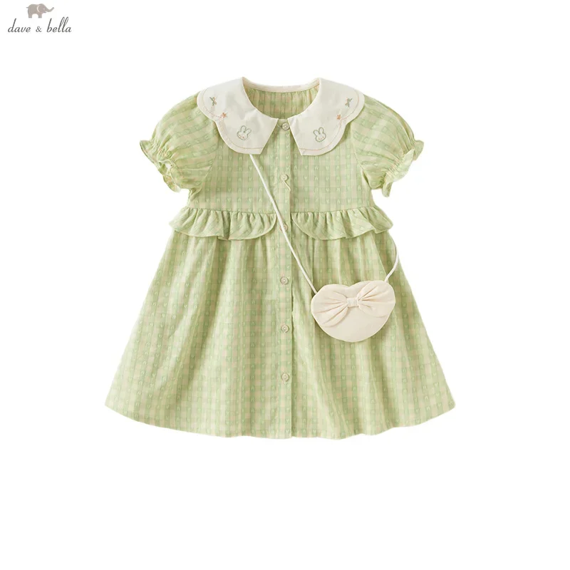 Dave Bella Girls Baby  Princess Dress Summer Charm Sweet Elegant Children's Green Plaid Thin Dress Gentle Wallet Party DB2252325