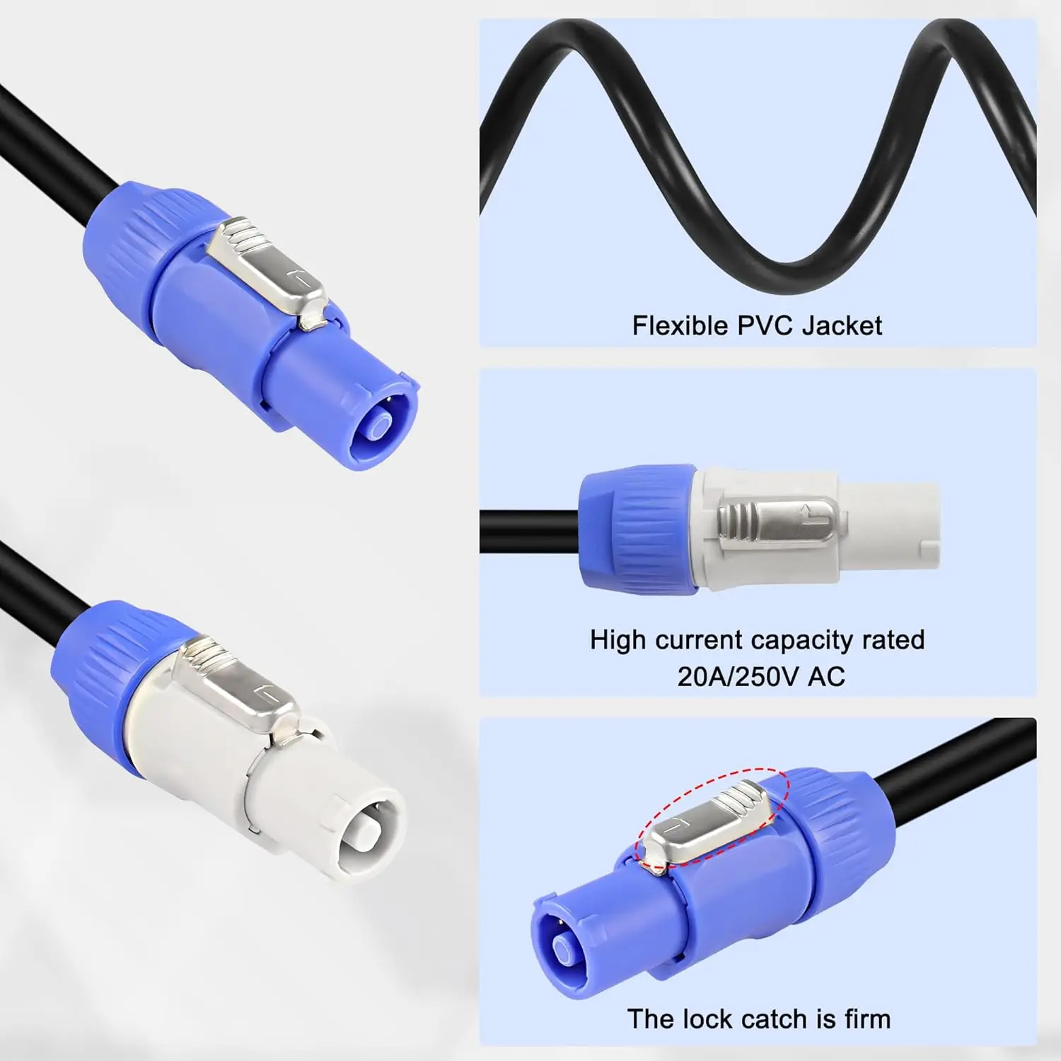 Cable PowerCon de 1M, 2M y 3M, entrada de CA a salida PowerCon, Cable de extensión de alimentación de 3 pines para pantalla LED, haz de luz con cabezal móvil