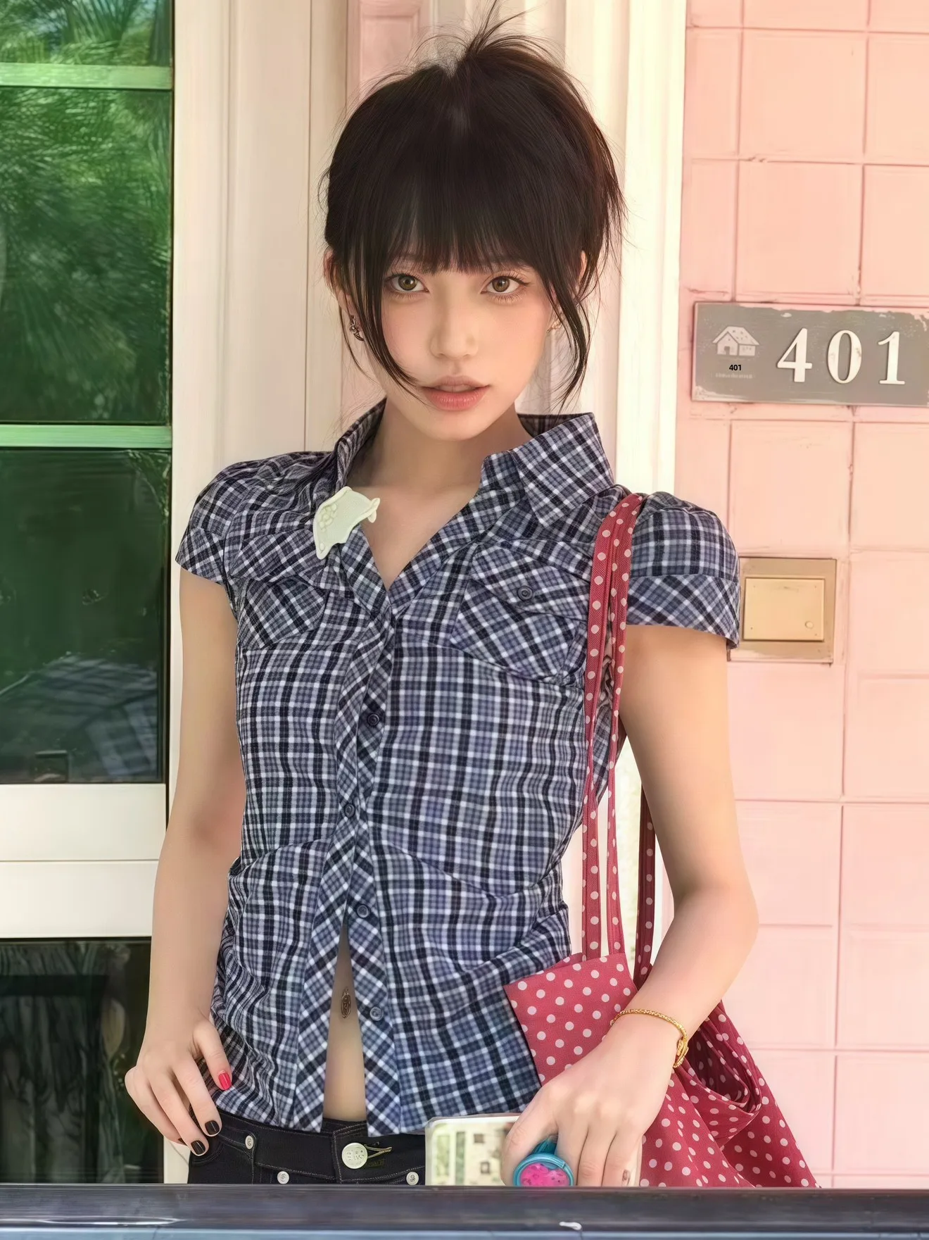 アメリカンレトロチェック柄ort Sve irt レディース Sle 夏新作ウエストシェイプスリムフィットort丈万能トップス