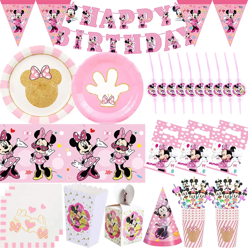 Décorations de fête d'anniversaire Minnie Mouse, vaisselle de fond, boîte à bonbons, ensemble de ballons de fête, sac cadeau, fournitures de fête d'anniversaire pour enfants