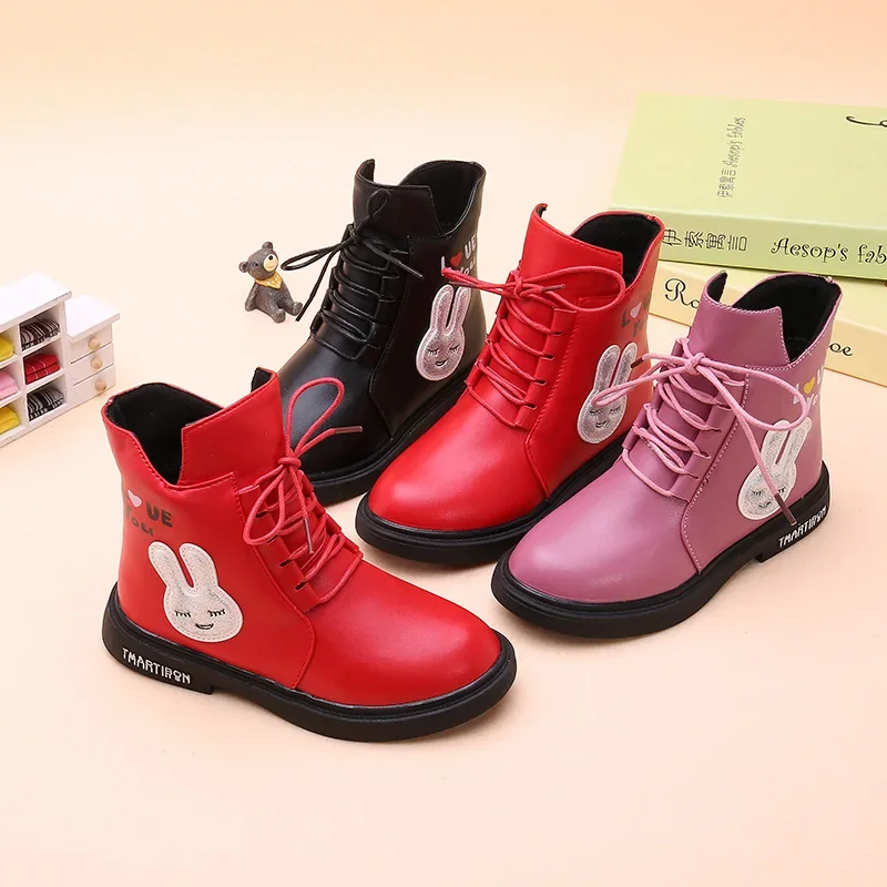 

Children Autumn Fashion British Style Booties Boys Side Zippers Cartoon Bunny Leather Boots Kids Soft-soled Solid Color Booties