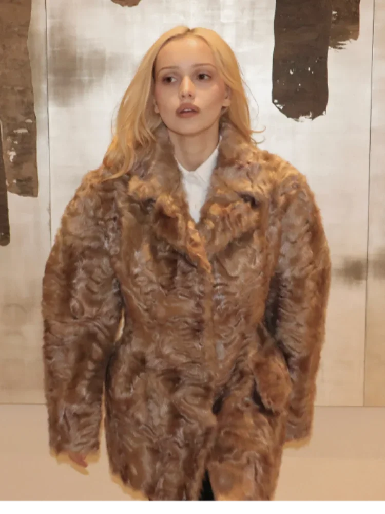 Ladies Brown Faux Fur Coat Retro Long Sleeve Notch Lapel Fluffy Plush Warm Mid Length Jacket 2026 Street Casual Winter Outfit