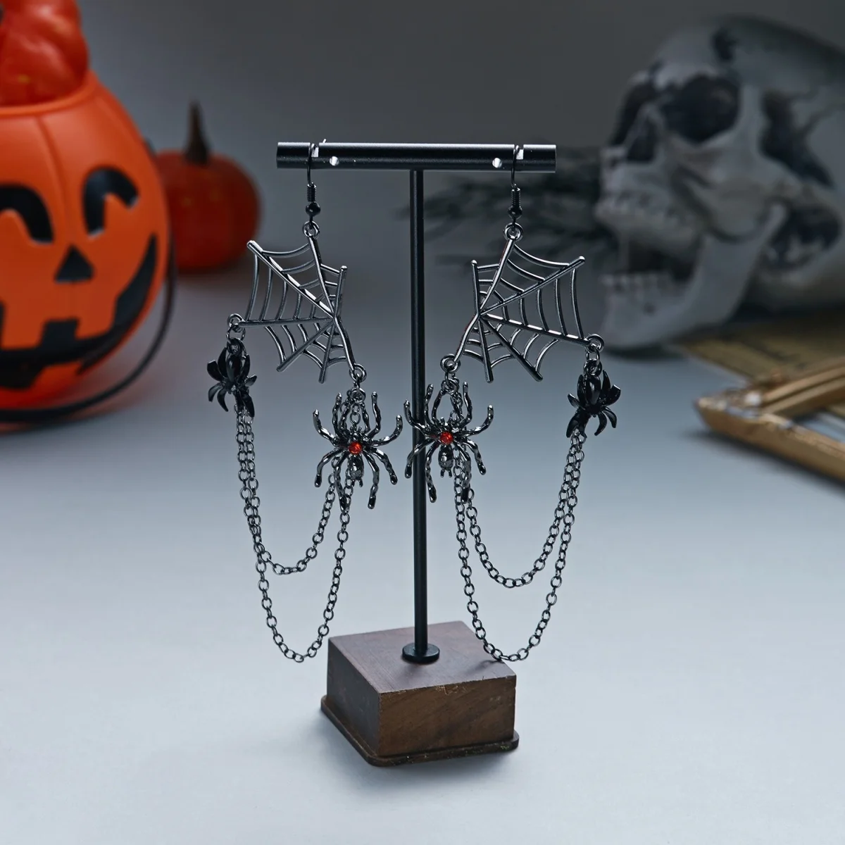 Dunkelschwarze Halloween-Spinnennetz-Ketten-Quasten-Ohrringe für Damen, Cosplay-Party, Insekten-Spinnennetz-Ohrringe, Gothic-Schmuck – Detail 22