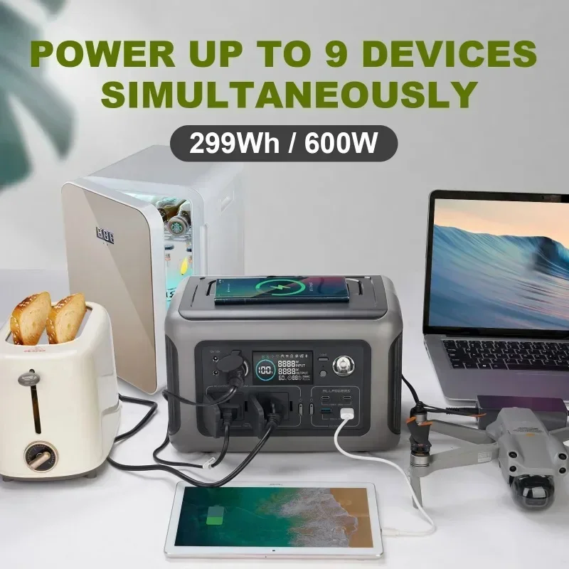 600W Portable Power Station 299Wh Pure Sine Wave AC Outlet LiFePO4 Battery Outdoor Emergency Mobile Power Bank with for Camping