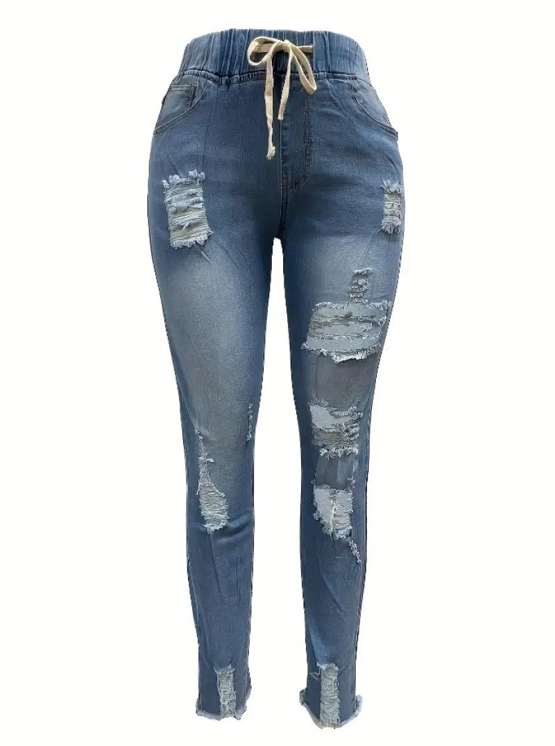 Vintage Fashion Women's Y2K Jeans Casual Drawstring Ripped Hole Trend Leggings Washed American Chic Fashion Women's Denim Pants