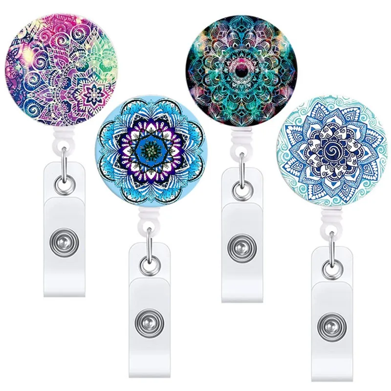 Mandala Flower Retractable Buckle Nurse ID Card Badge Holder Porta Credencial Worker Medical Card Holder Telescopic Keychain