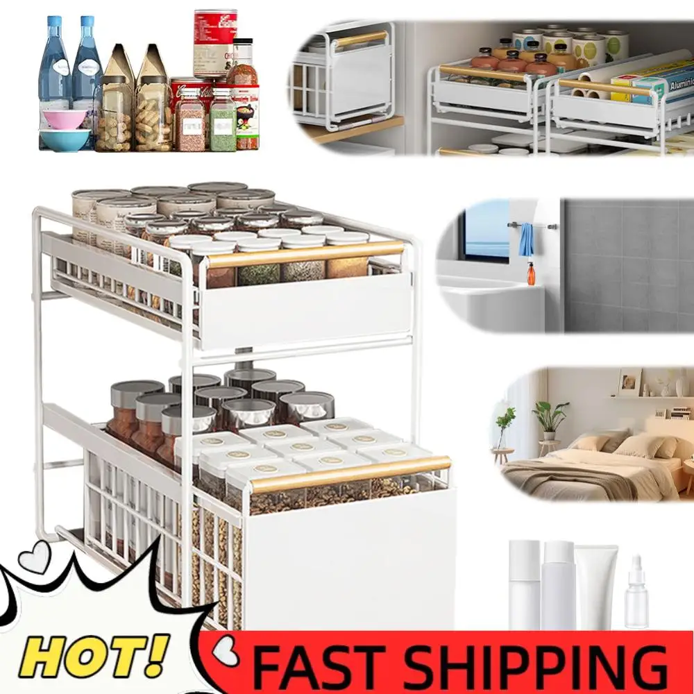 

2-Tier Slide Storage Drawer with Hooks Multifunction Storage Holder Under Sink Basket Drawer for Bathroom Bedroom Skin Care