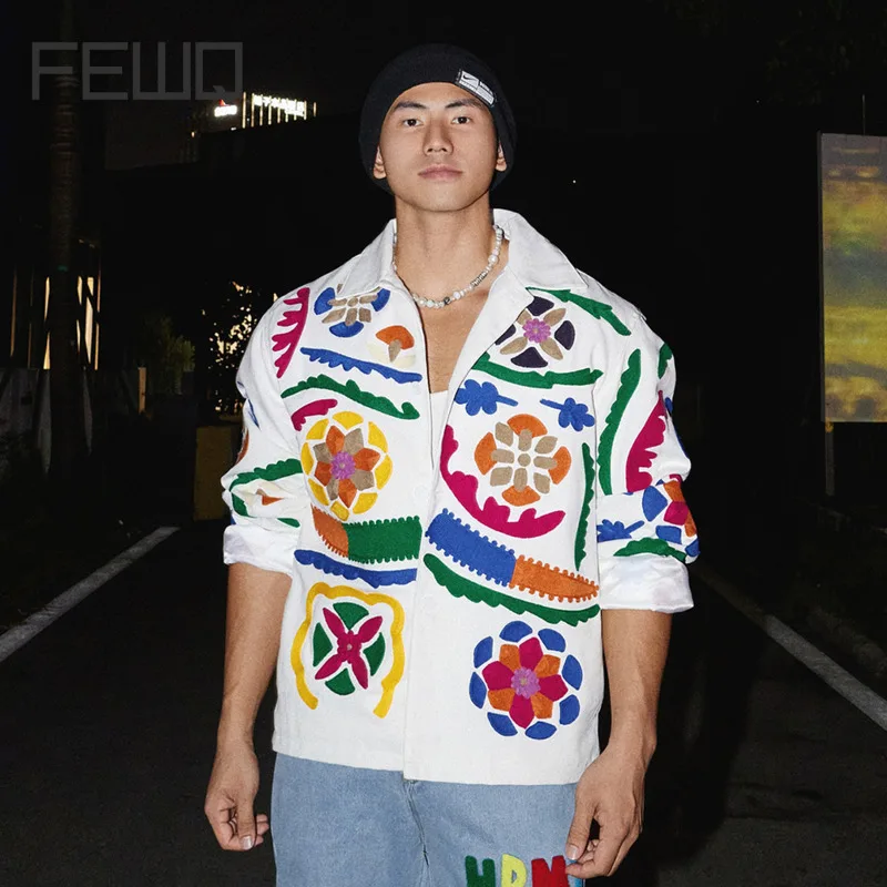 

FEWQ American Style Painting Design Jacket Men Vintage Flower Loose Coat Single-breasted Lapel 2024 New Male Tops 24E2312