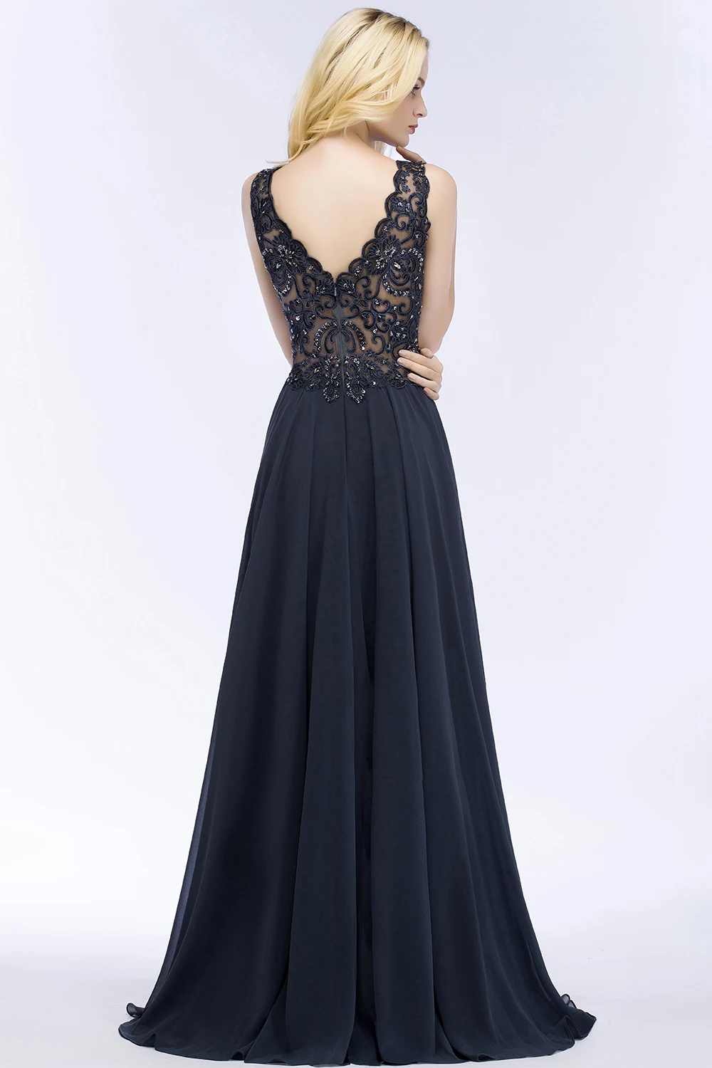 Elegant Navy Blue Chiffon V Neck Evening Dresses Lace Beaded Crystal Sleeveless Formal Party Prom Gowns Vestido De Fiesta Bride