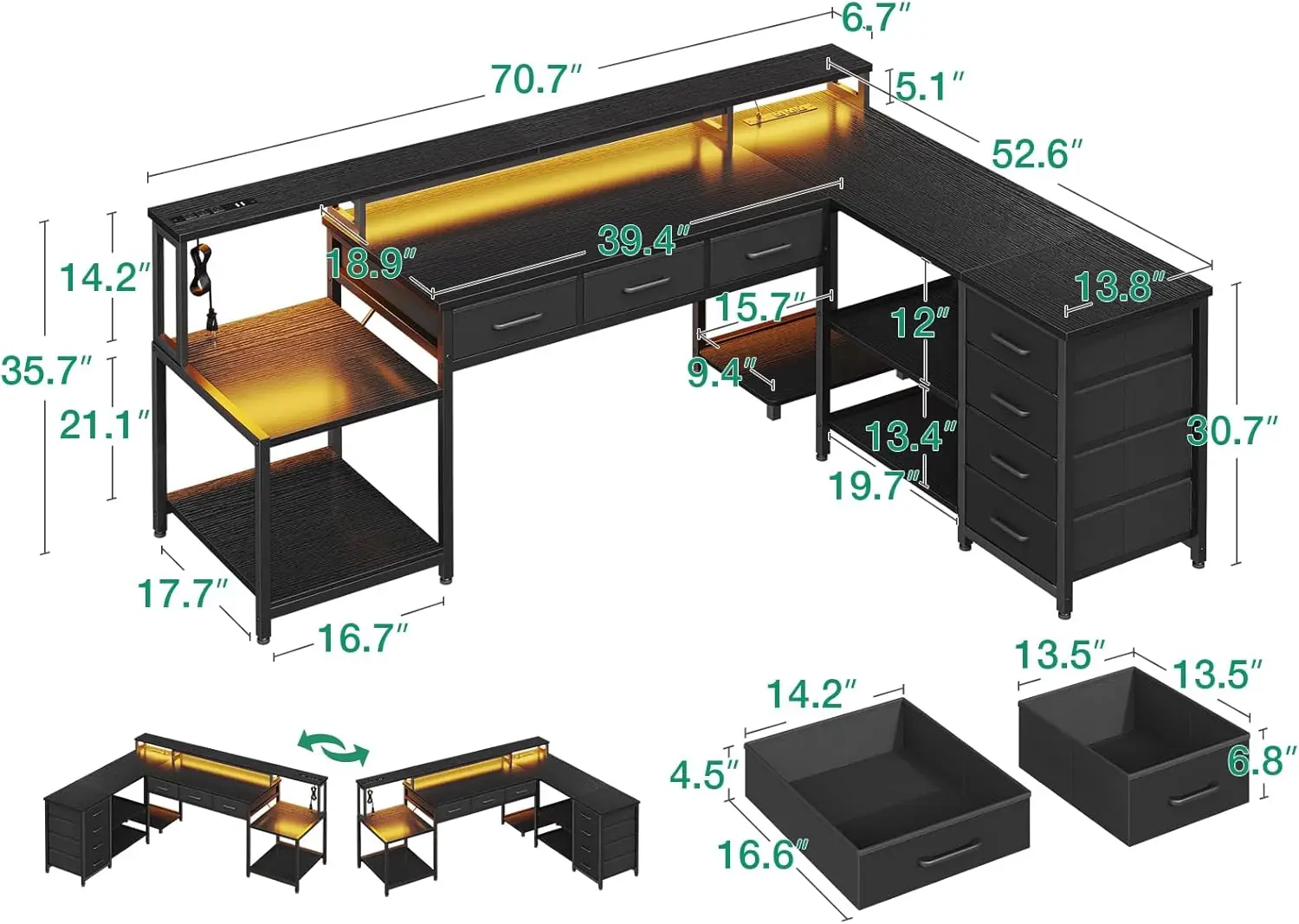 AODK 71" L Shaped Desk with 7 File Drawers, L Shaped Computer Desk with 2 Power Outlets & Monitor Shelf, Home Office Desk with S