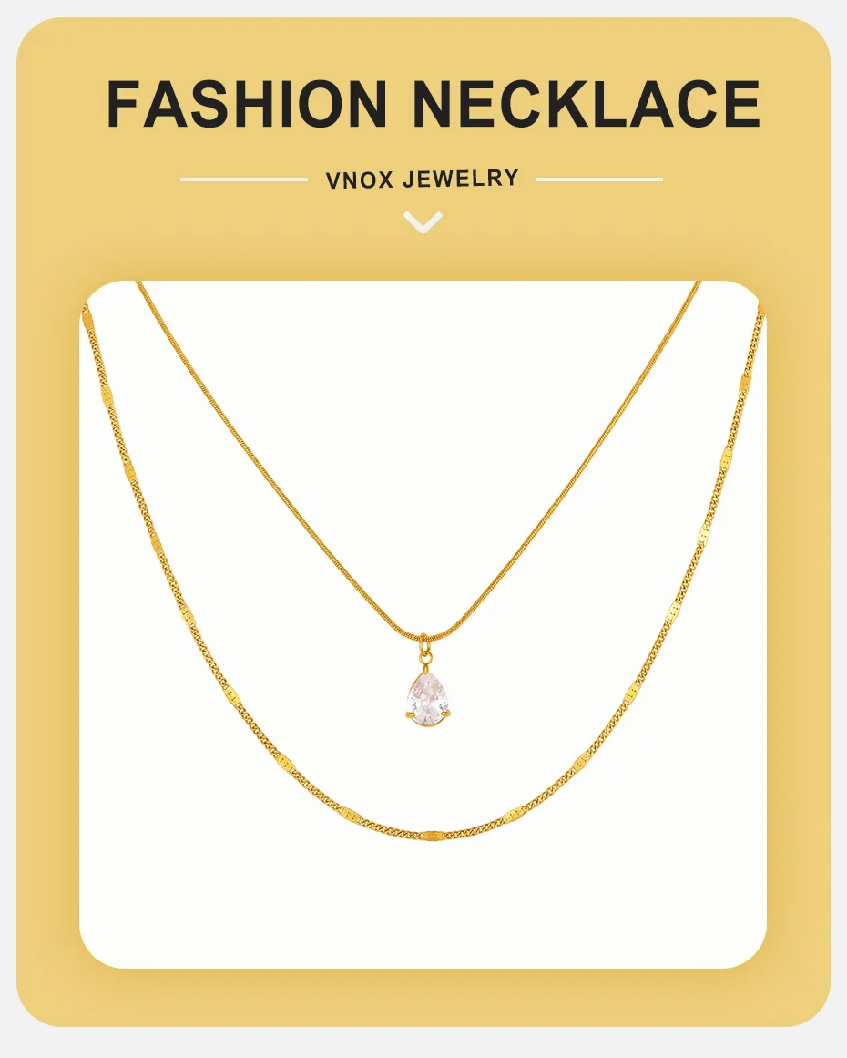 Vnox Trendige Doppelschichtige Halskette für Damen, 18K Vergoldet, Tropfenförmiger Zirkon, Runde Schlangenkette, Choker-Halskette, Y2K-Schmuck – Detail 1