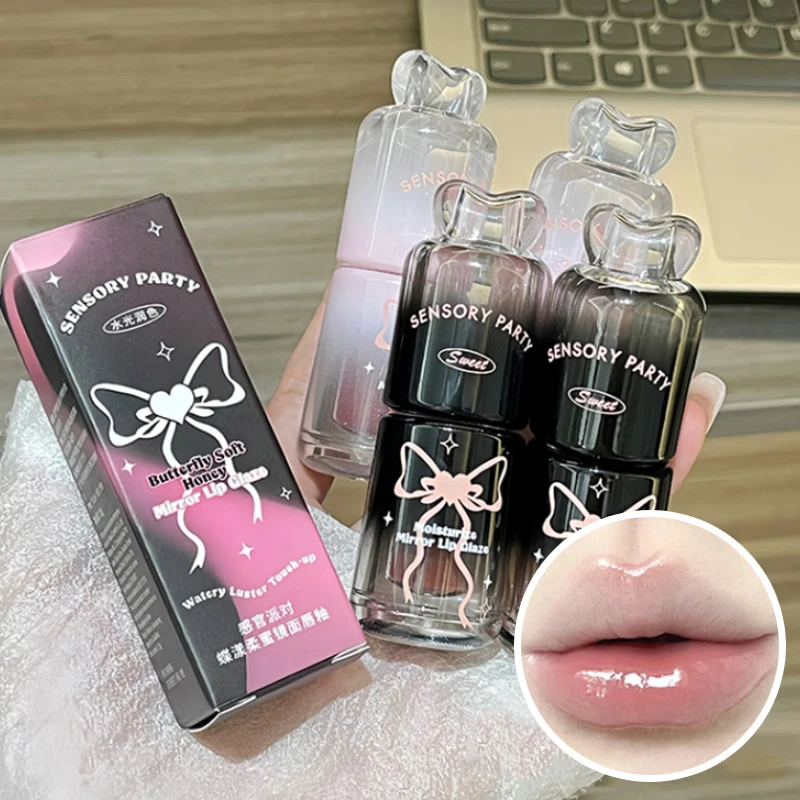 Bowknot Black Pink Mirror Lip Gloss, Non-Cup Staining, Long-Lasting, Hydrating, Brightening, Easy-To-Apply Water Gloss Lipstick
