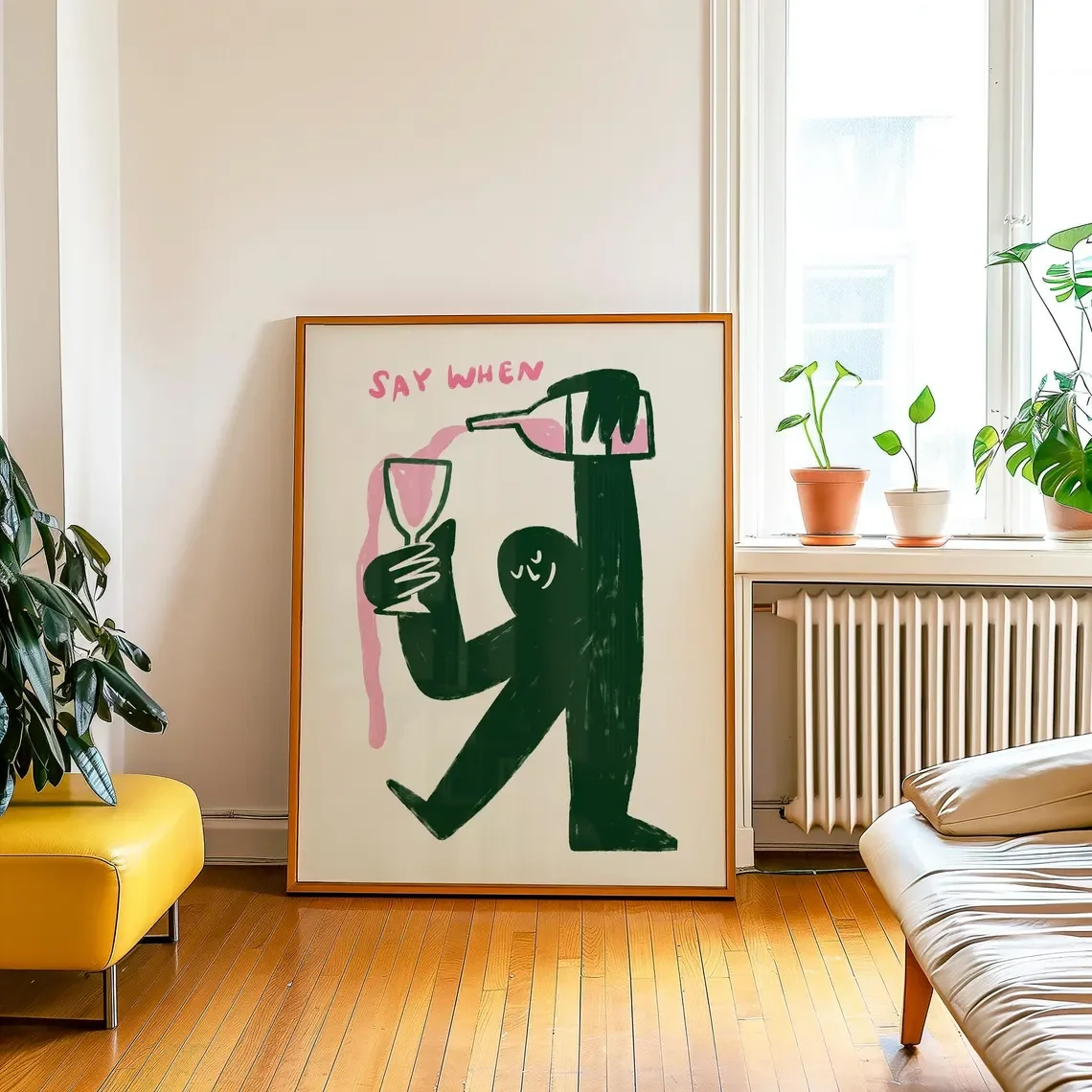 Cozy Wine Toast Abstract Art WALL ART PRINT DECOR – Whimsical "Say When" Typography & Figure, a Cheerful Addition to Brunch Nook image 2