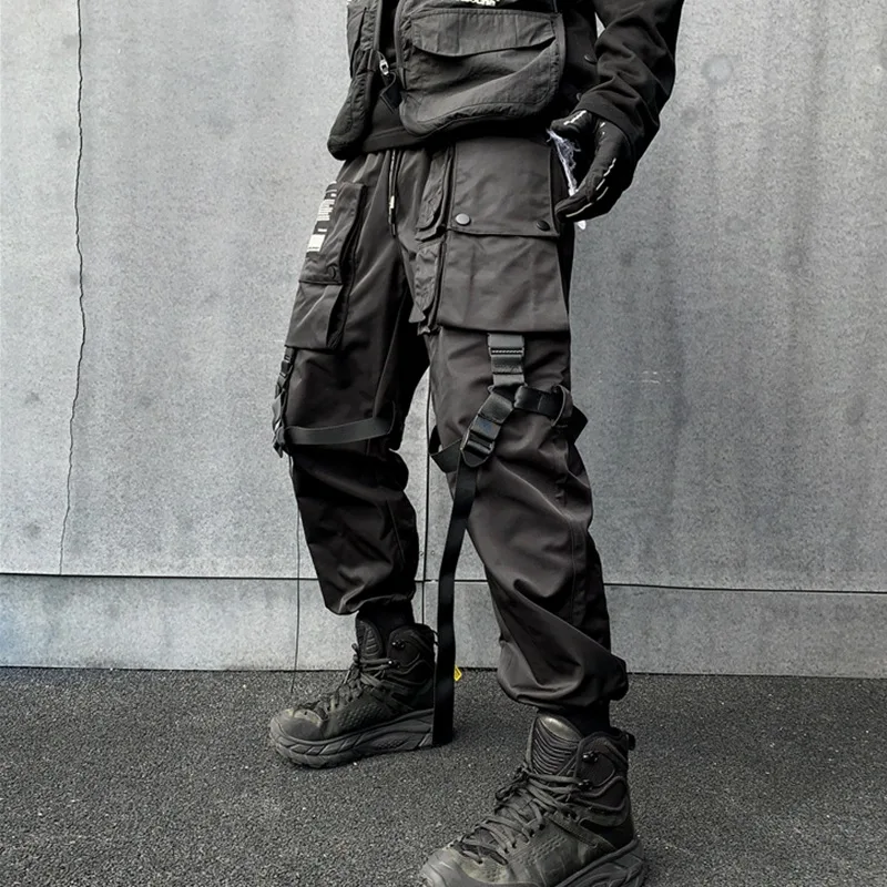 リボンバックル機能カーゴパンツメンズマルチポケットヒップホップカジュアルズボン男性のファッション人格戦術的なパンツ