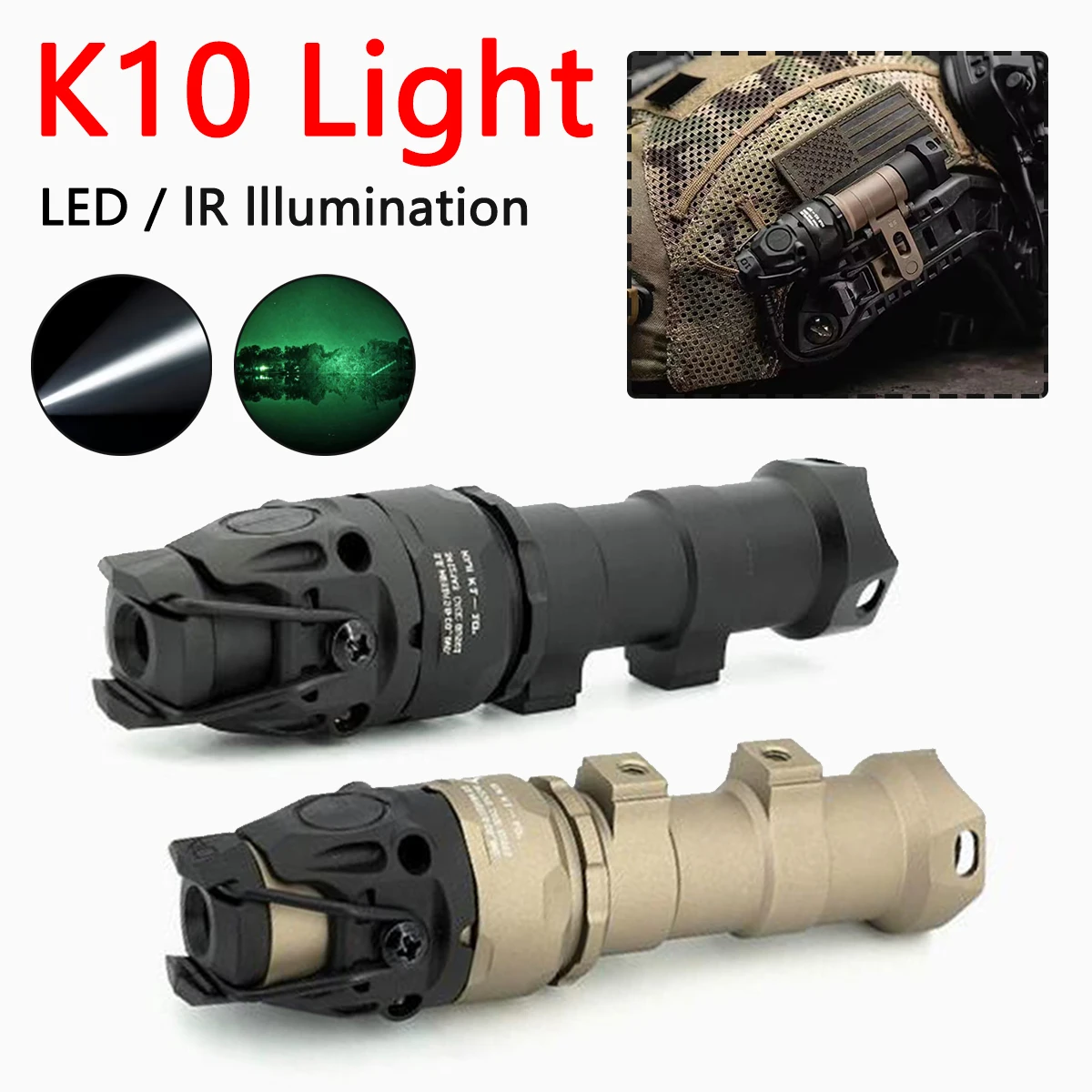 MICH2000 ARC Helmet KIJI K10 IR Light Aluminum CNC IR 850nm Illumination Hunting Scout Light Tactical K10 IR/LED Flashlight