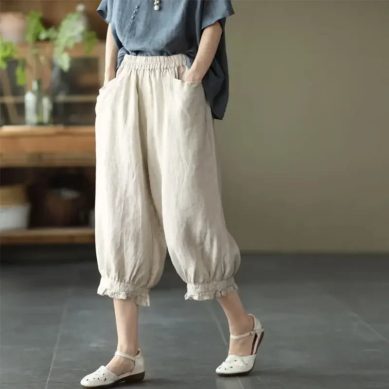 

Summer Pleated Loose Thin Haren Pants Elastic Waist Solod Color Plus Size Calf Length Pants Fashion Casual Women Clothing Z819