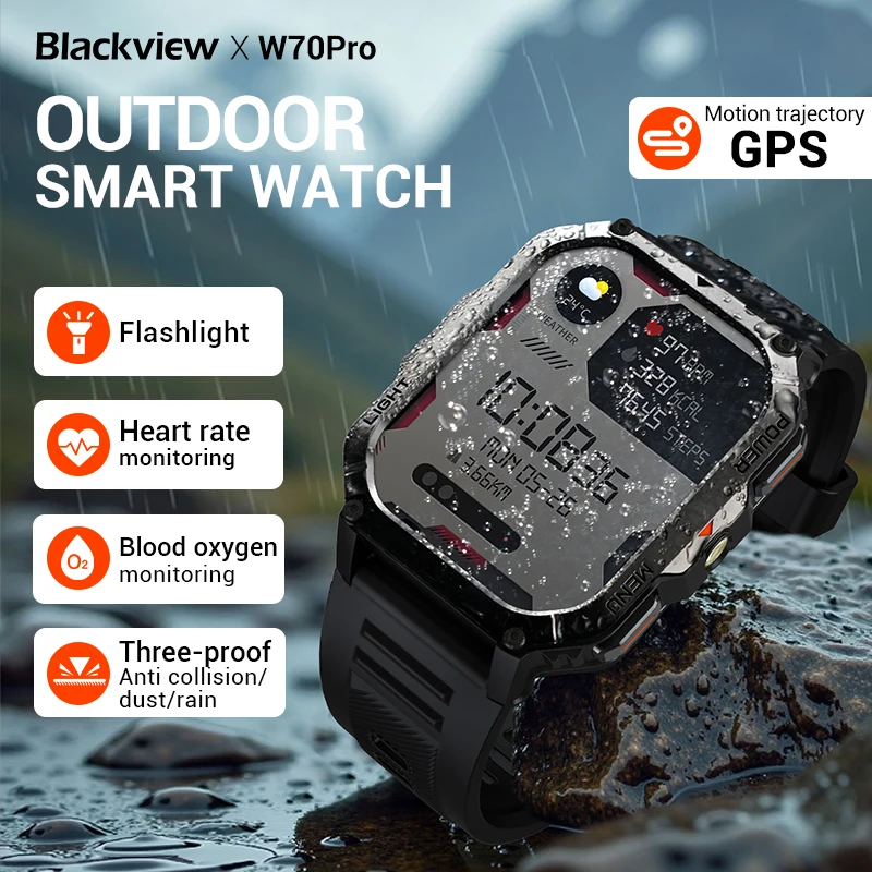 Blackview W70Pro Smartwatch SOS Blood Oxygen 900mAh HD Full View Screen Waterproof Flashlight Compass Men Women smart Watch