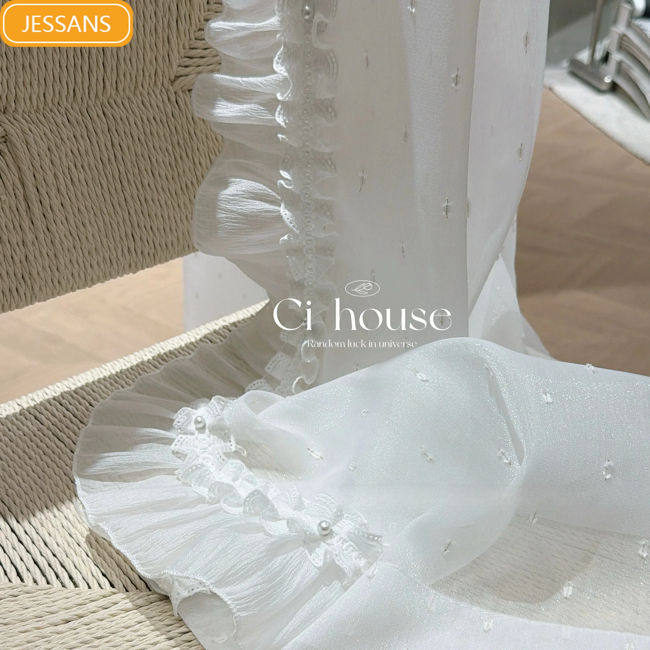 Glossy Cream Dot Jacquard White Gauze Fungus Side Window Screen Living Room Bedroom French Window Balcony Window Customized