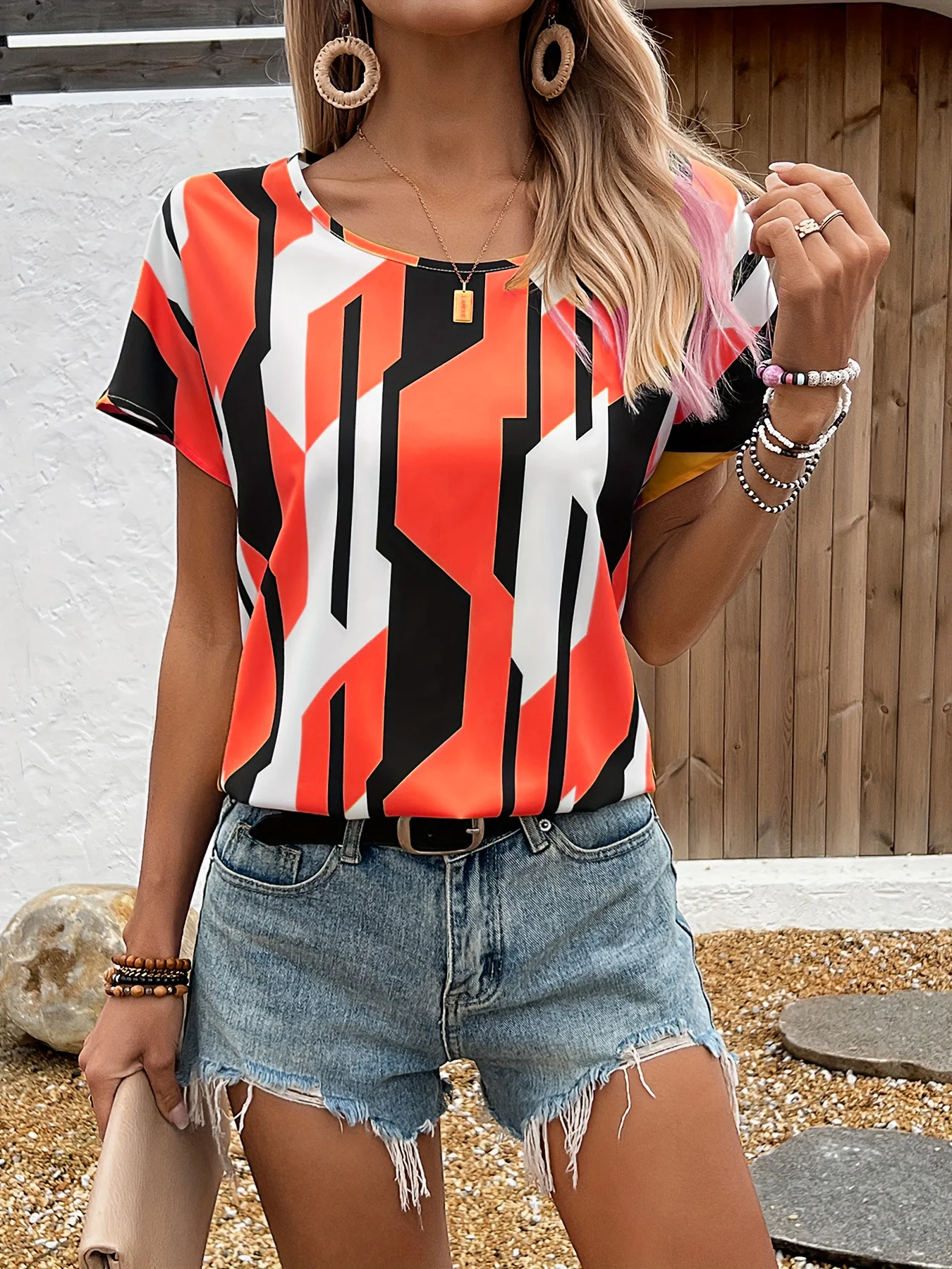 T-shirt dames zomer vrije tijd elegant temperament ronde hals korte mouw geometrisch patroon top losse vrijetijdskleding dames t-shirt