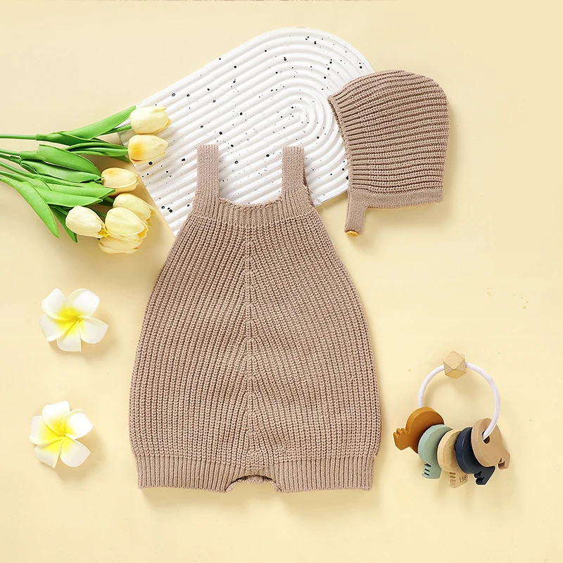 Baby Boys Girls Rompers Solid Sleeveless Knitted Newborn Netural Sunsuits Hats Outfits Set 0-18m Toddler Camel Playsuits Clothes