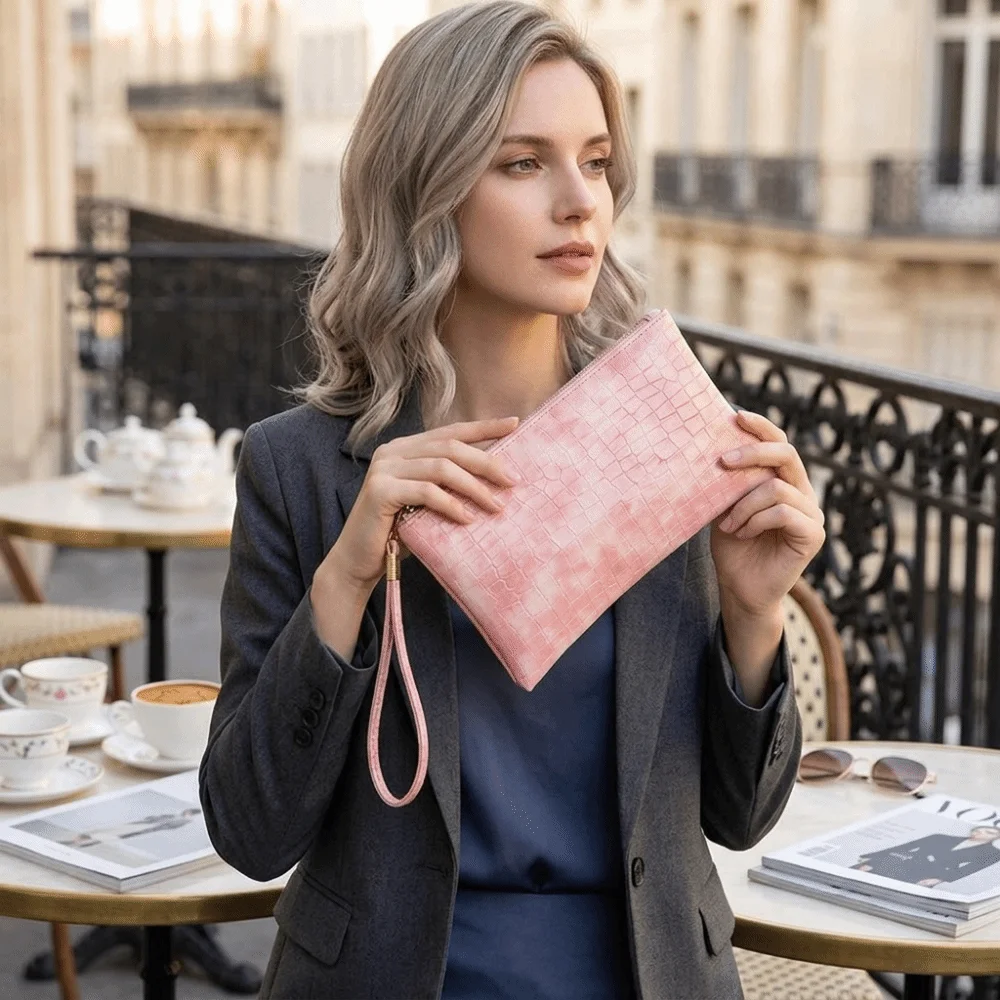Fashion PU Leather Long Wallet Zipper Closure Large-capacity Mobile Phone Bag Solid Color With Handle Clutch Handbag Travel