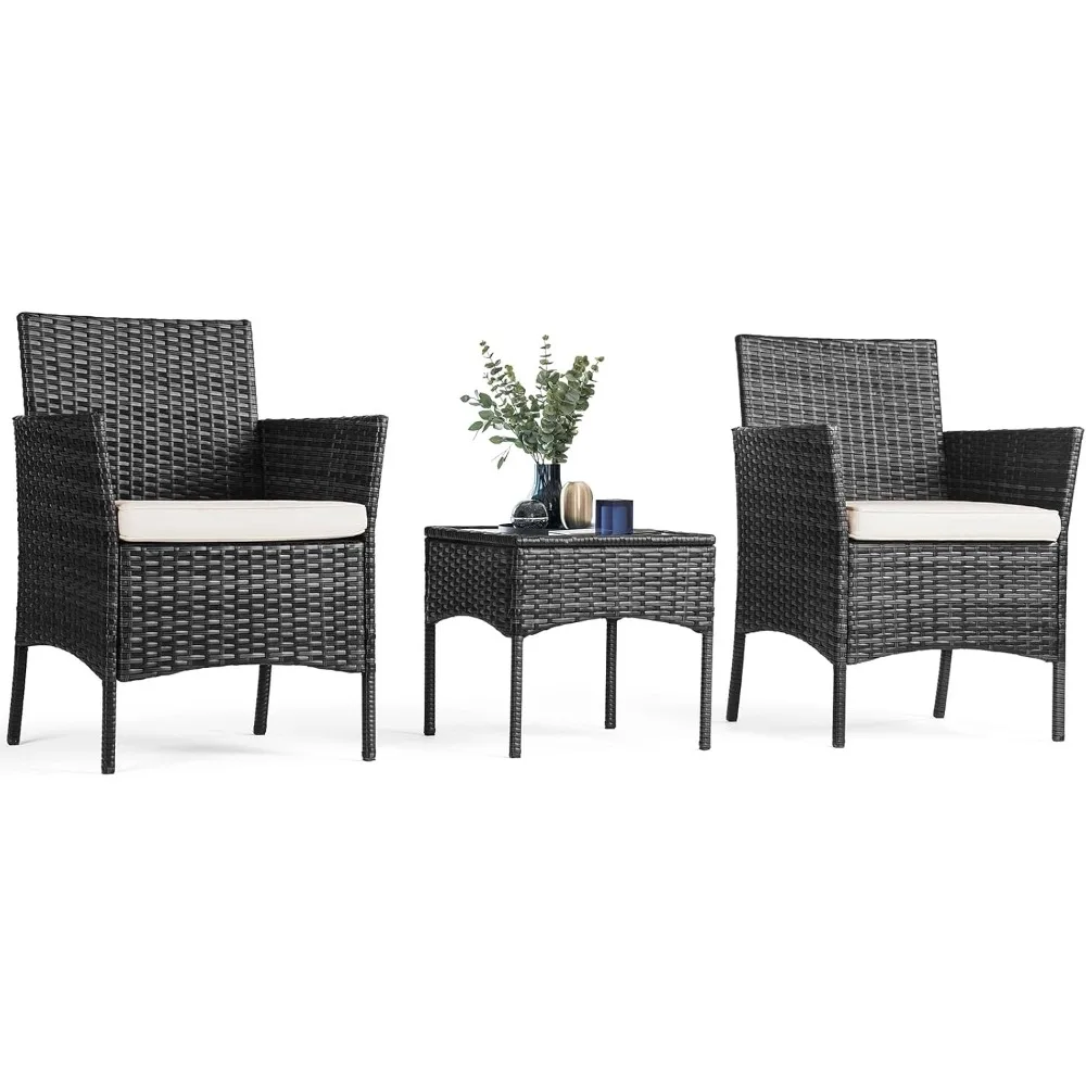 

Patio Furniture Set 3 Pieces, Outdoor Furniture with Soft Cushion and Glass Table, All Weather Manual Weaving Wicker Rattan Pat