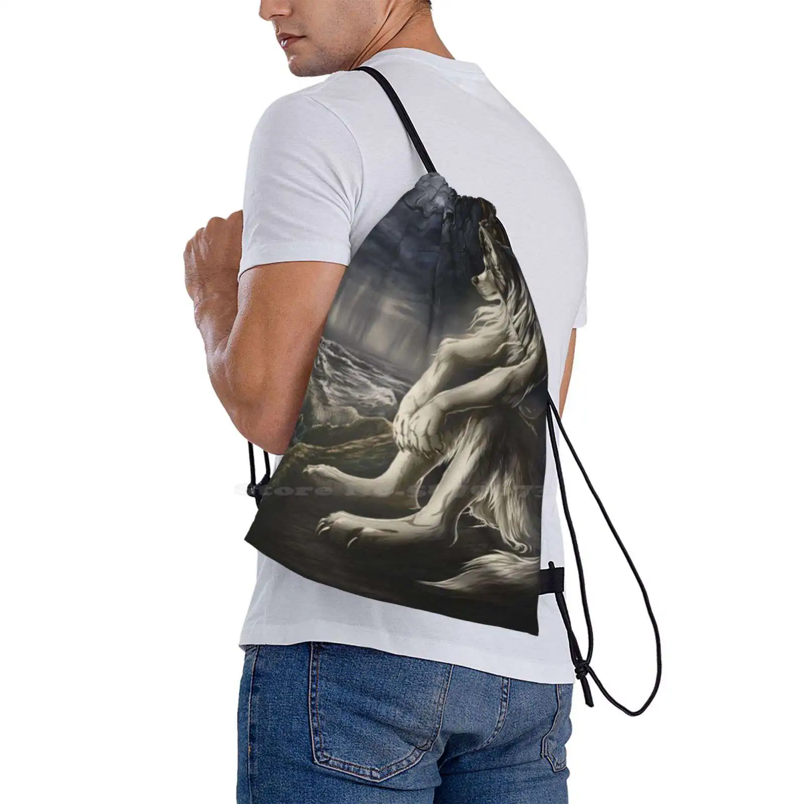 Emo White Wolf Sitting Sad Meme Hot Sale Schoolbag Backpack Fashion Bags Emo Wolf Sad Sitting Meme White