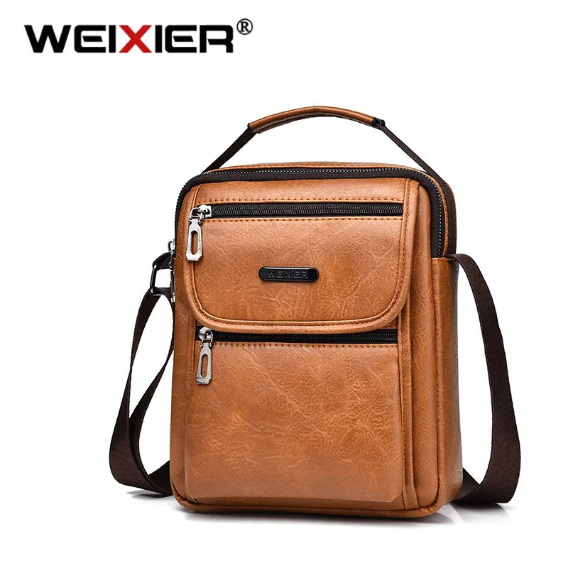 WEIXIER Men Retro Business Handbag Fashionable Brand PU Leather Shoulder Bag Retro Tote Large Capacity Portable Crossbody Bag