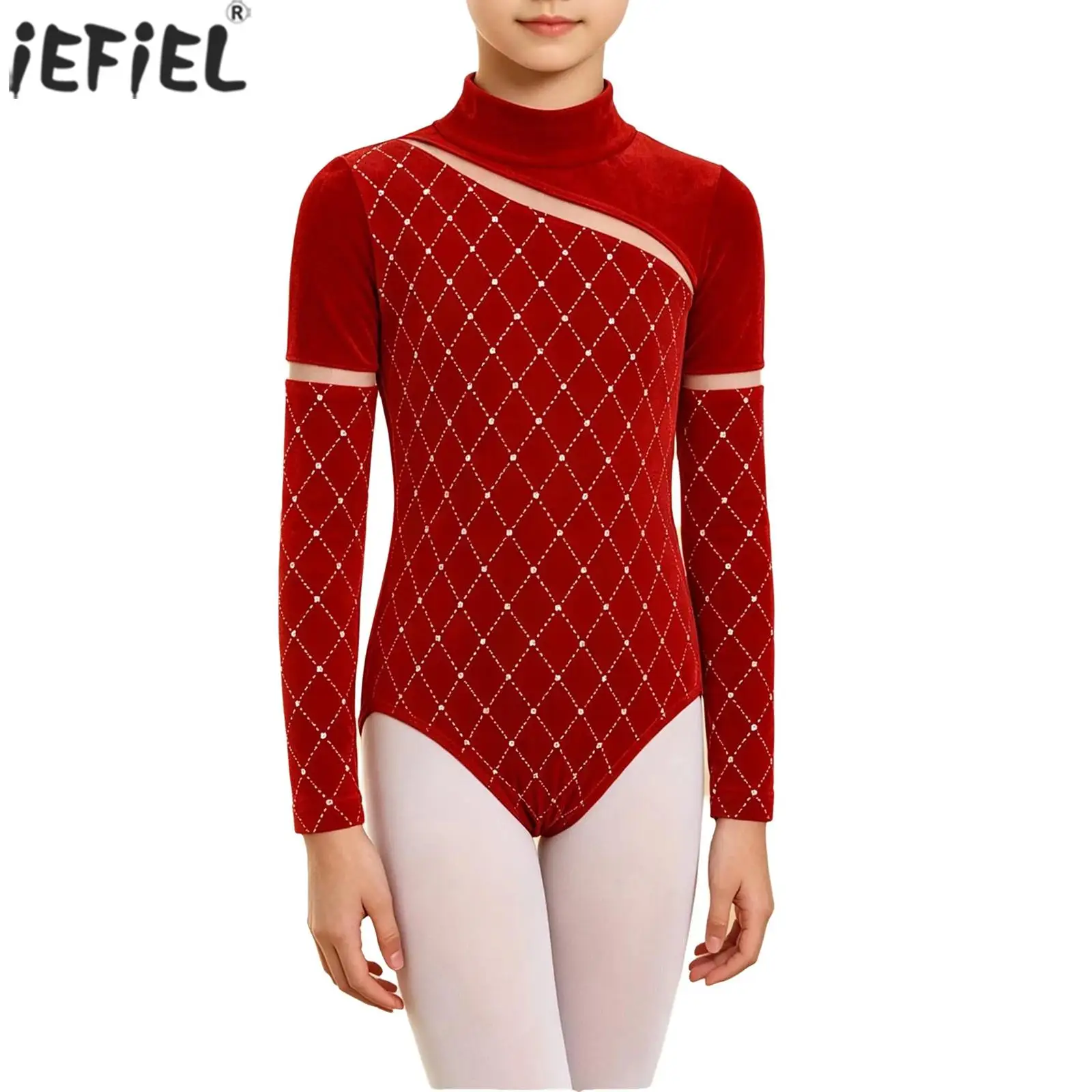 Kids Girls Ballet Dance Gymnastics Leotard Long Sleeve Metallic Rhombus Velvet Bodysuit Figure Skating Performance Costume