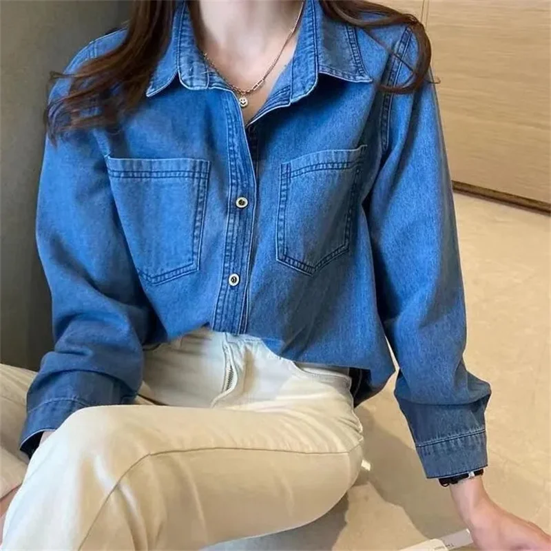 Retro Ladies Loose Fitting Jeans Outwear 2024 Women Splicing Cowboy Tops Coat Spring Autumn New Female Long Sleeves Denim Jacket