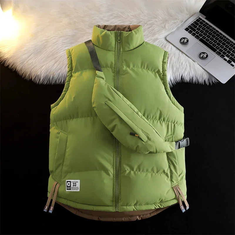 Stand Collar Men Waistcoat Loose Reversible Warm Sleeveless Trendy Male Vest New Fashion Solid Color Coats Quality