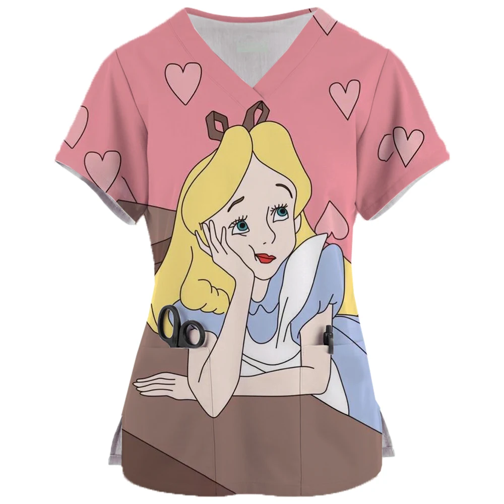 Women's 2024 Pocket Women's Hospital Summer Top Disney Princess Print T-shirt V-neck Nurse Uniform T-shirt Mickey Top