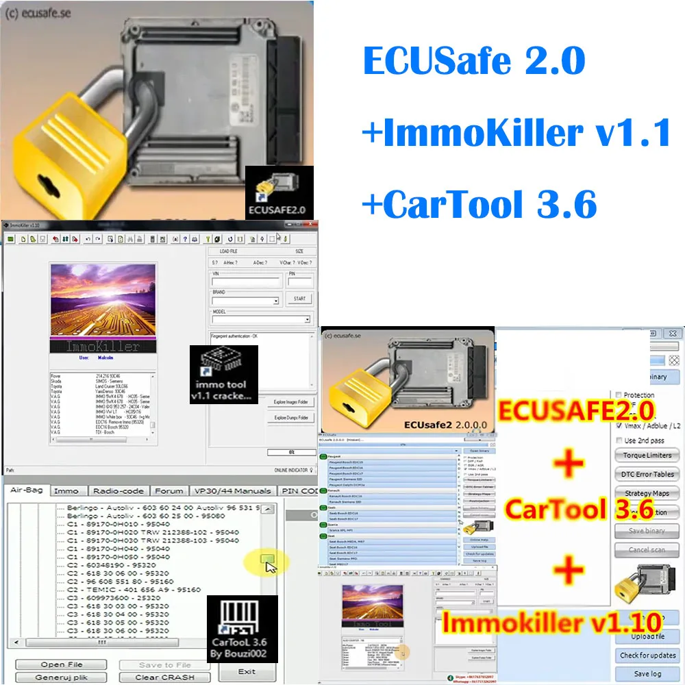 Hot ECUSafe 2.0 + ImmoKiller v1.1 +CarTool 3.6 Software ECU Programmer Tool for Car Repairing Passing Virigining the Immobilizer