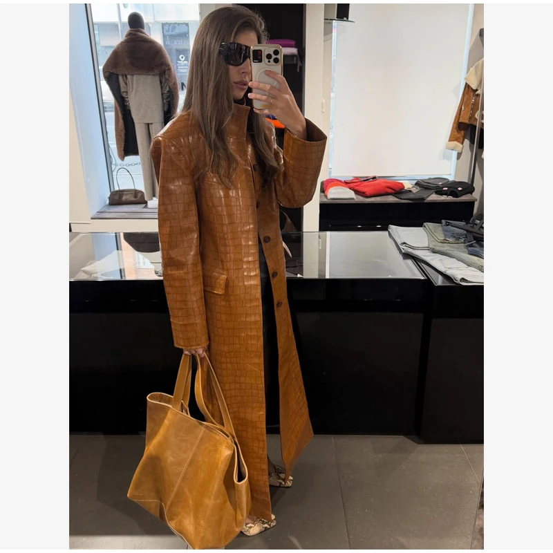 Crocodile Embossed Faux Leather Long Jackets Chic Wide Lapel Belted Waist Quarter Sleeve Loose Coat Women Street Chic Outfits
