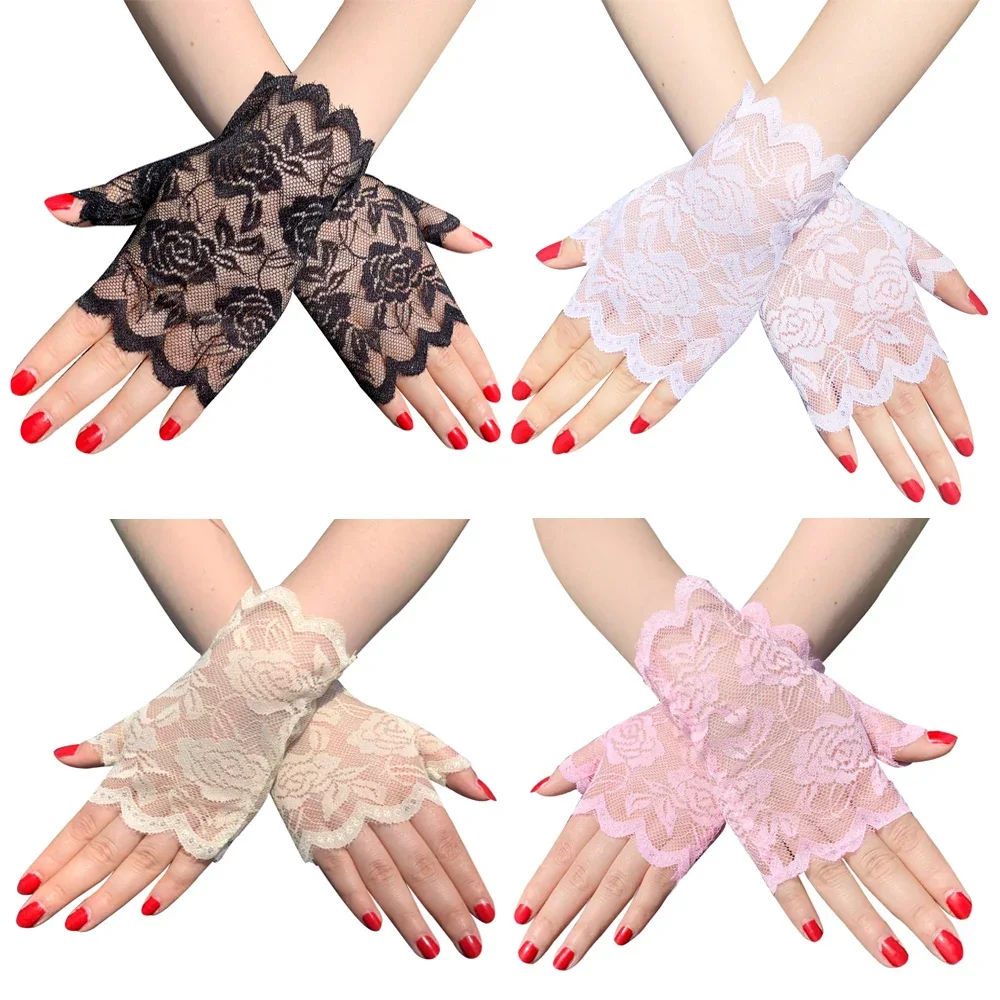 

Summer Women Black White Fingerless Sexy Lace Gloves Sun Protection Rose Flower Half Finger Fishnet Bride Short Fashion Gloves