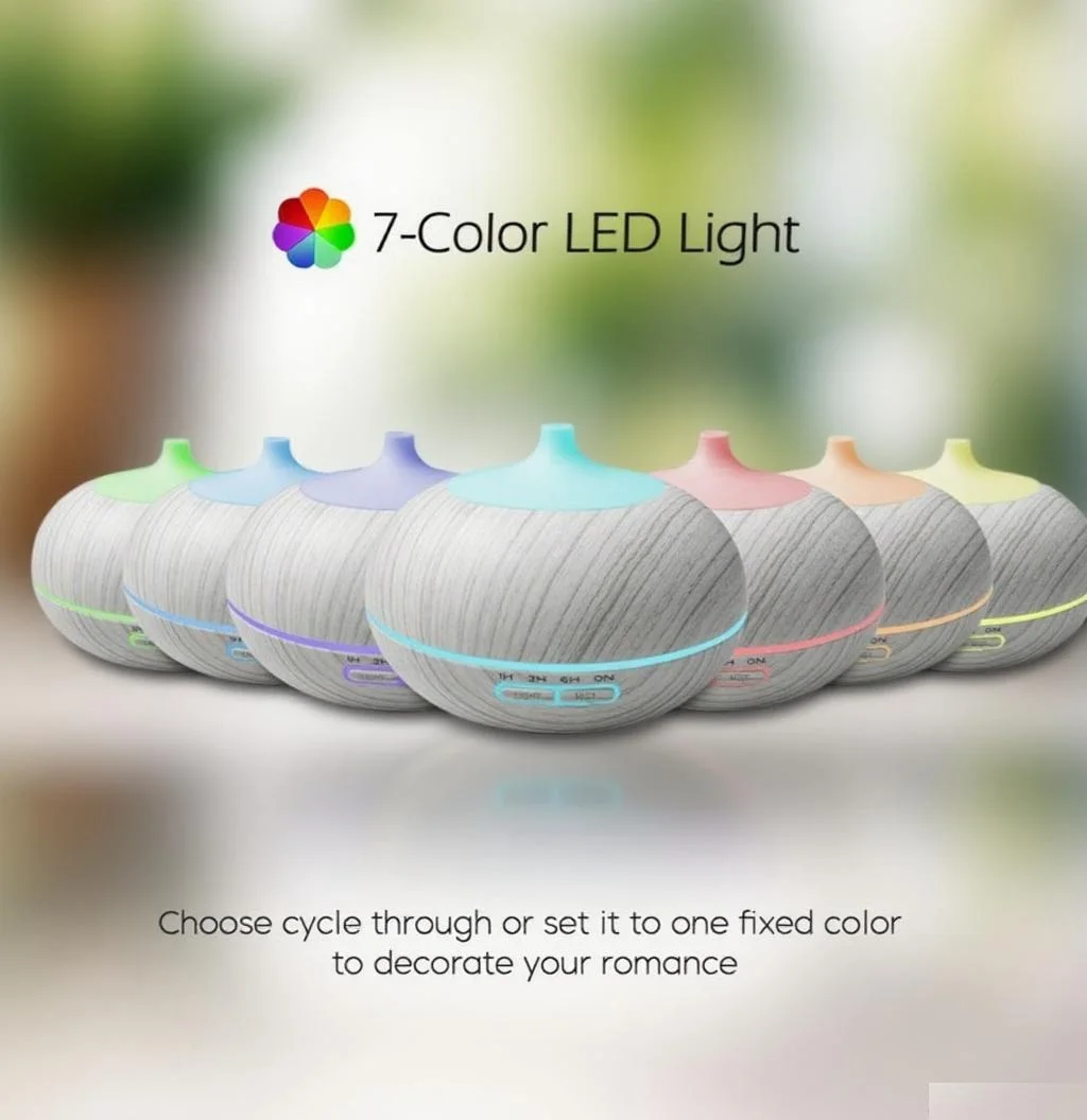 

Диффузор для ароматерапии с белым древесным зерном, 550 мл, увлажнитель с дистанционным управлением и 7 светодиодными ночниками, меняющими цвет, функция для дома