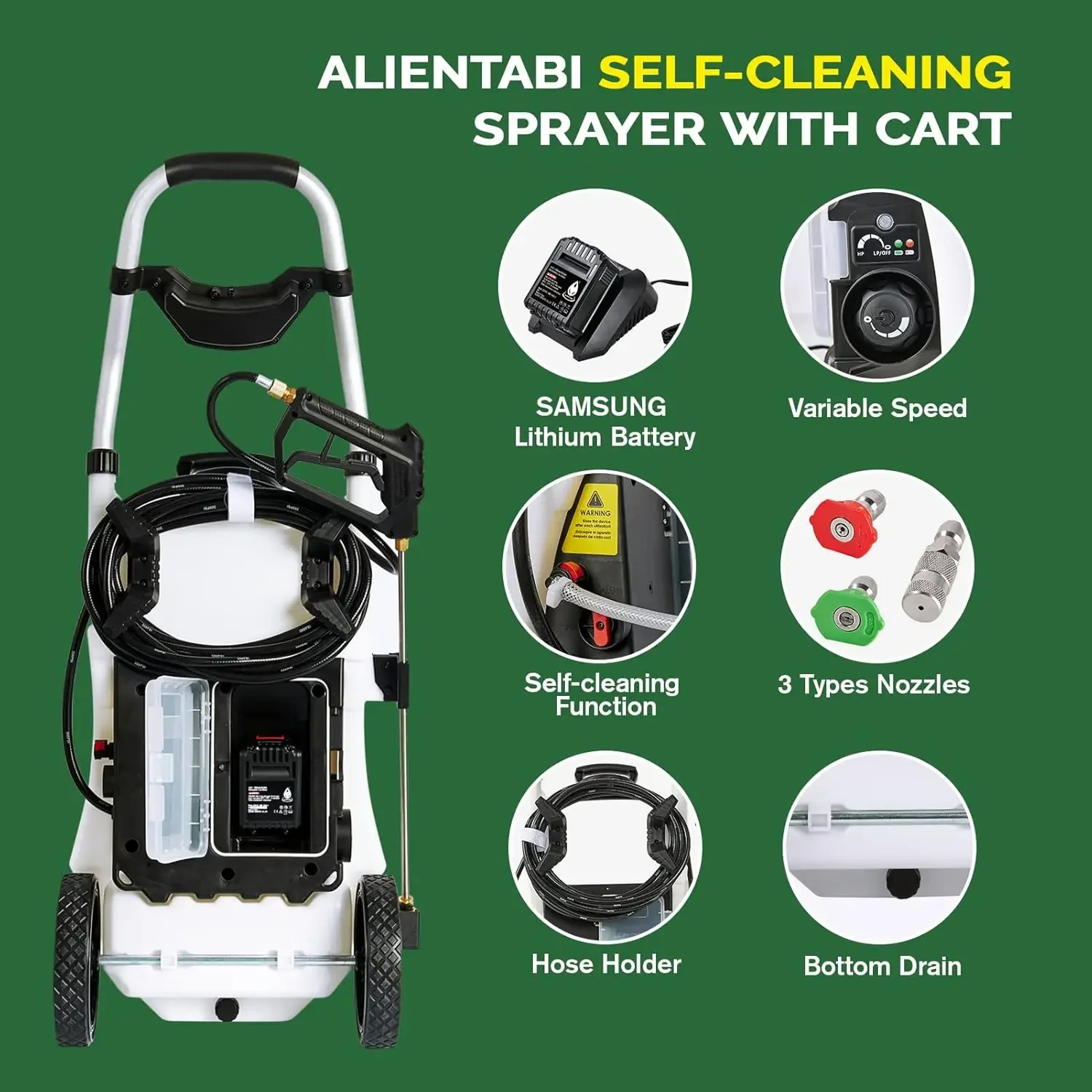 Battery Powered Sprayer with Cart 8 Gallon Self-Cleaning Garden Sprayer 4.9Ah Lithium Battery Heavy Duty Sprayer for Weeding