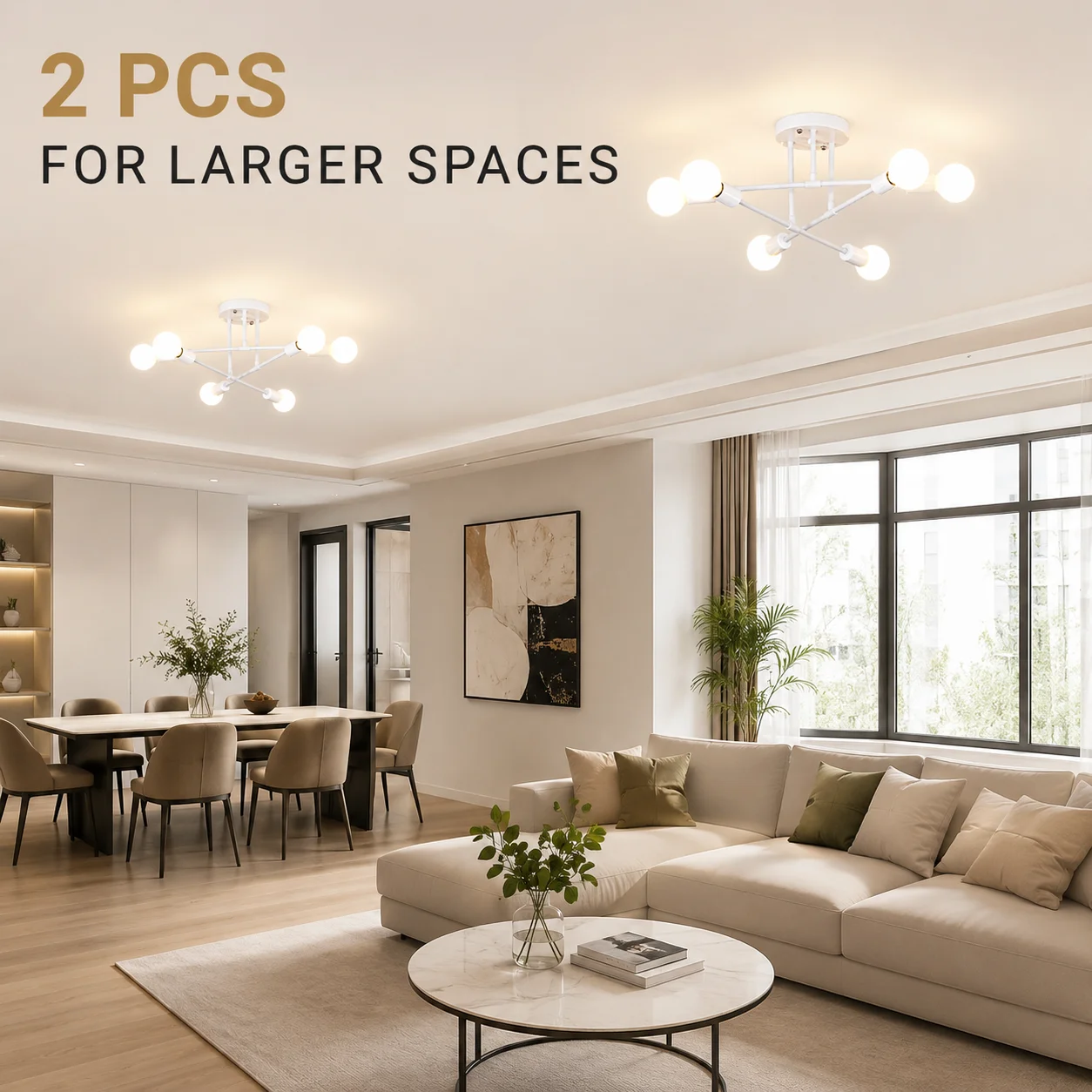 JOYINLED 6-Light Modern Sputnik Ceiling Light, E27 White Semi Flush Mount Fixture, 70cm, Bedroom Living Room, Bulbs Not Included