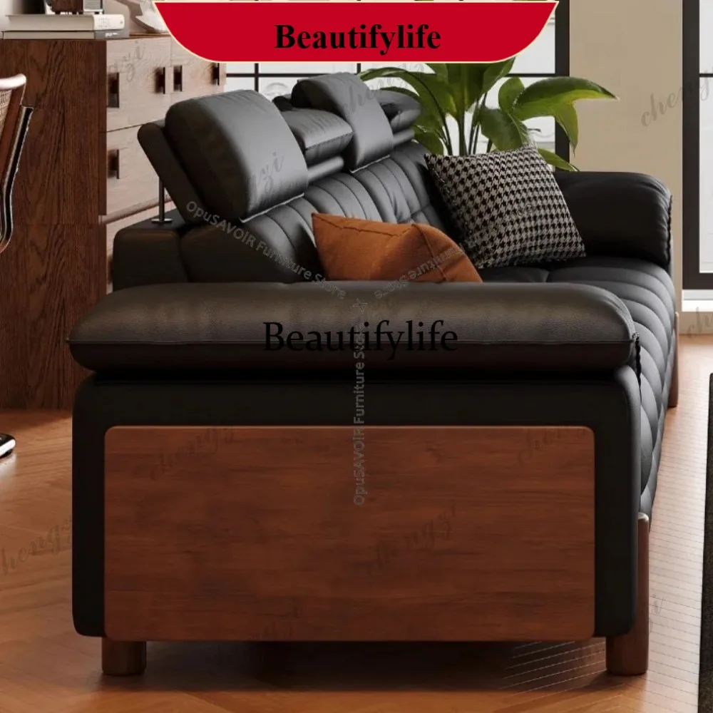 

D178 Mid-Century Modern Solid Wood Living Room Sofa Vintage Top-Grain Leather Retro Living Room Sofa Genuine Cowhide Furniture