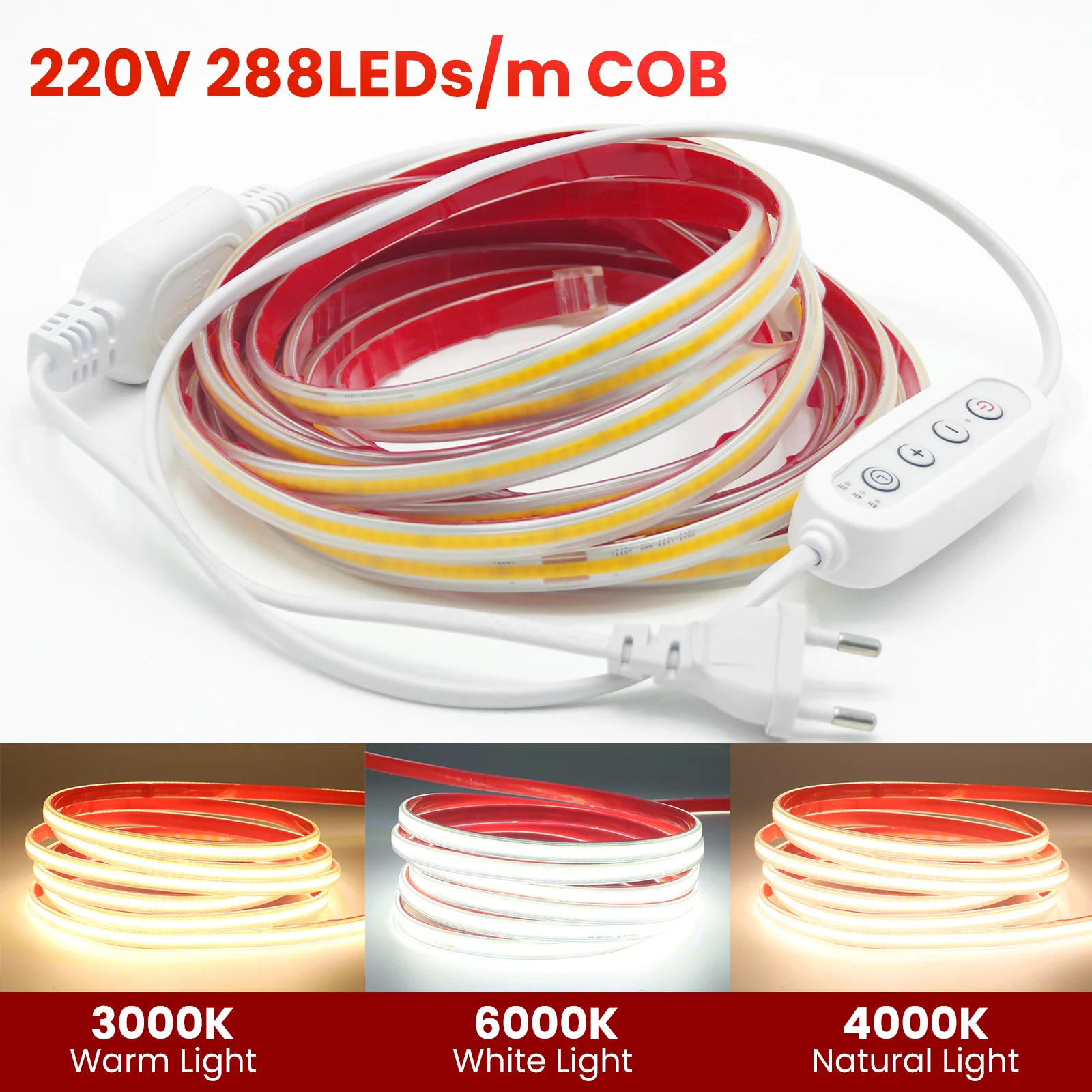 AC 220V COB LED Strip Timing Dimmable 3000K 4000K 6000K Warm White for DIY Home Decoration Waterproof Flexible Ribbon Light