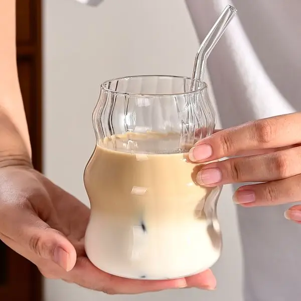 6 Pcs 19oz Glass Coffee Cup Set - Striped Cloud Design for Tea, Milk, Juice & Water