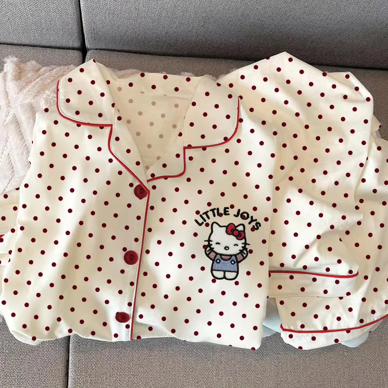 Sanrio HelloKitty Cartoon Polka Dot Women's Lapel Cardigan Pajamas Spring and Autumn Imitation Cotton Long Sleeve Loungewear Set