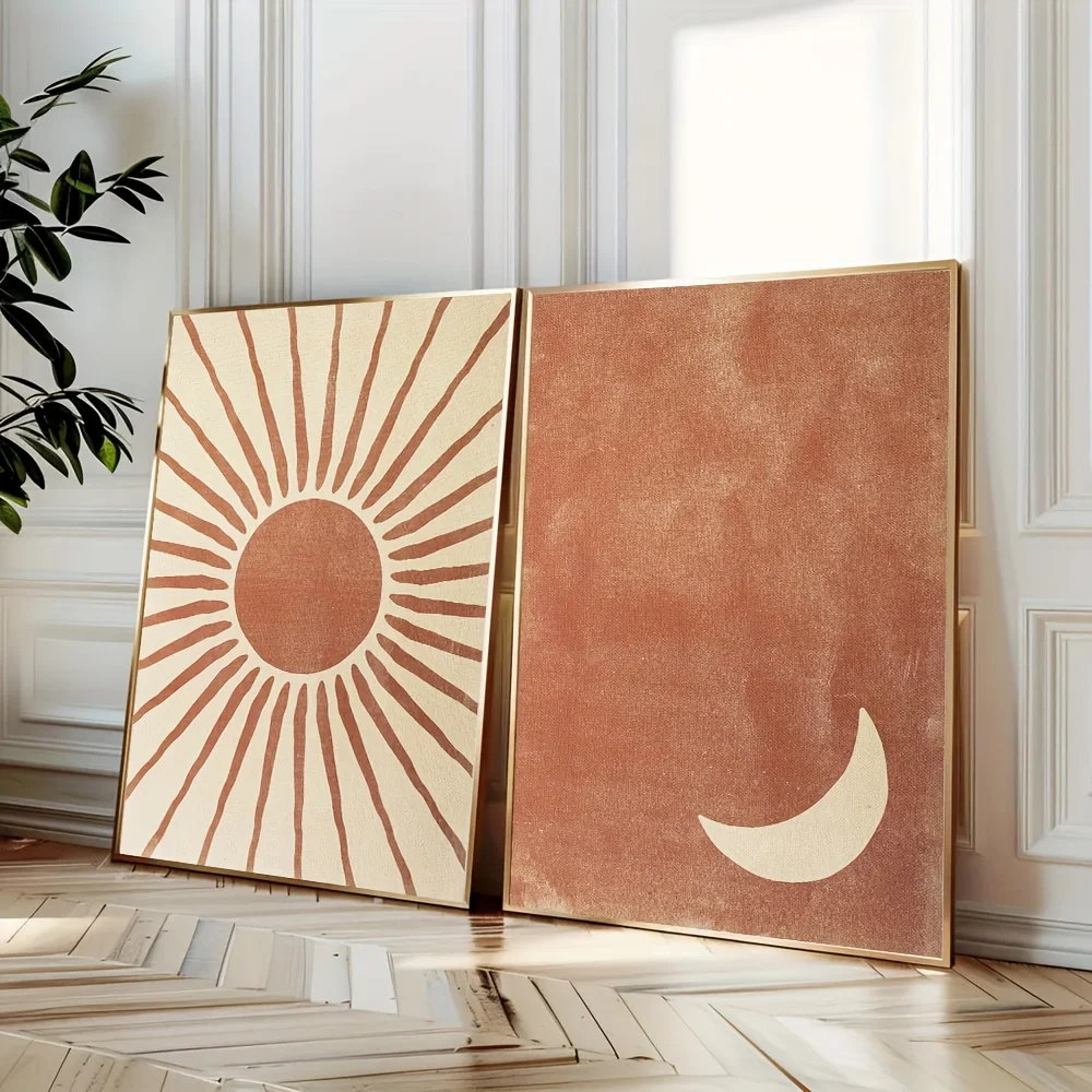 2pcs frameless Canvas Painting 2pcs/set Boho Moon Sun Canvas Print Poster Modern Minimalist Abstract Art Prints Bedroom Wall Art