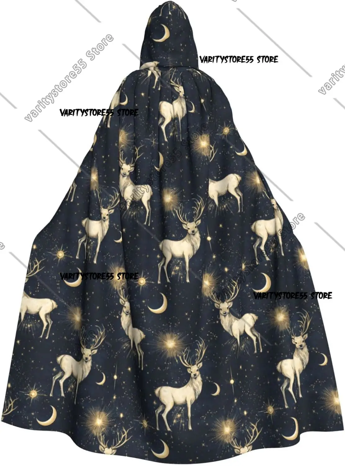 

Wizard Cloak with Hood Men Women Dark Blue Starry Sky Elk Print Witch Hooded Vampire Cape Halloween Costumes