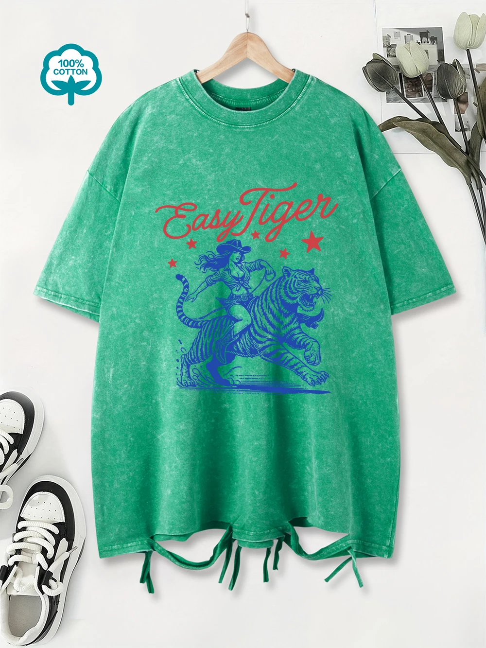

Cotton Washed T-Shirts Women Oversized Easy Tiger Printing Tops O-Neck Distressed Holes T Shirt Summer Casual Womans Clothes