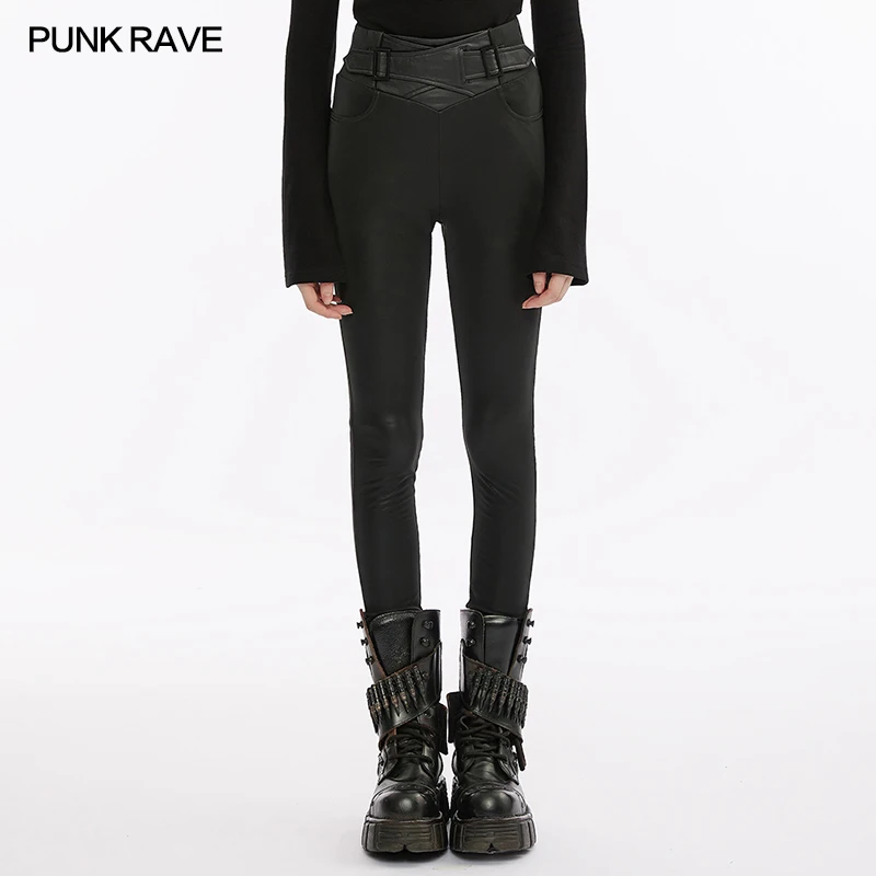 

PUNK RAVE Women's Punk Daily Cross Waist Faux Leather Leggings Design Casual Trousers Autumn Winter