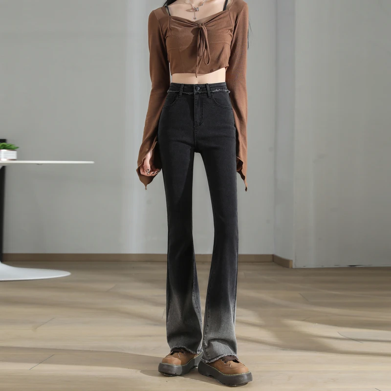 

Women New Casual Micro Flares Jeans Vintage High Waist Button Splice Denim Pants Ladies Fashion Gradient Streetwear Jeans
