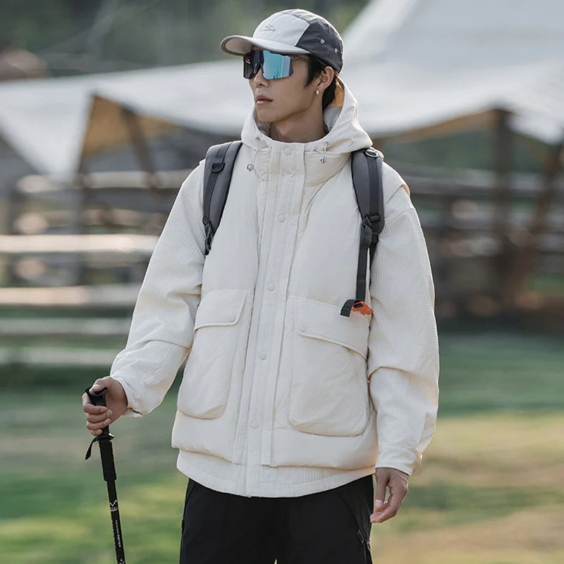 

Winter Thicken Quilted Shirt Vest Jacket Sets Men Women 50% Duck Down Outdoor Loose Casual Hooded Cargo Jacket Parkas Coat